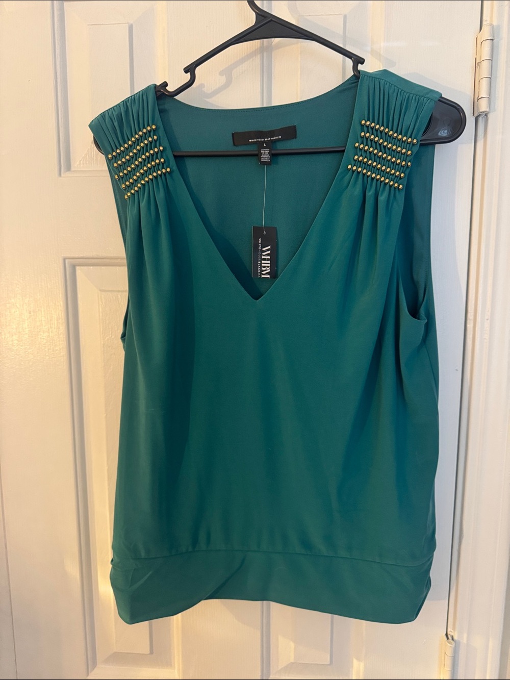 White House Black Market Teal Sleeveless V-Neck Top with Studded Shoulders